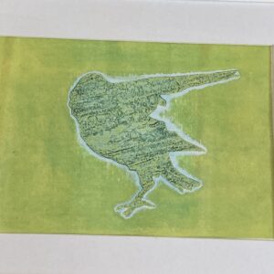 Image shows framed original print of The One Legged Crow in dark green textured colour on a lime green background